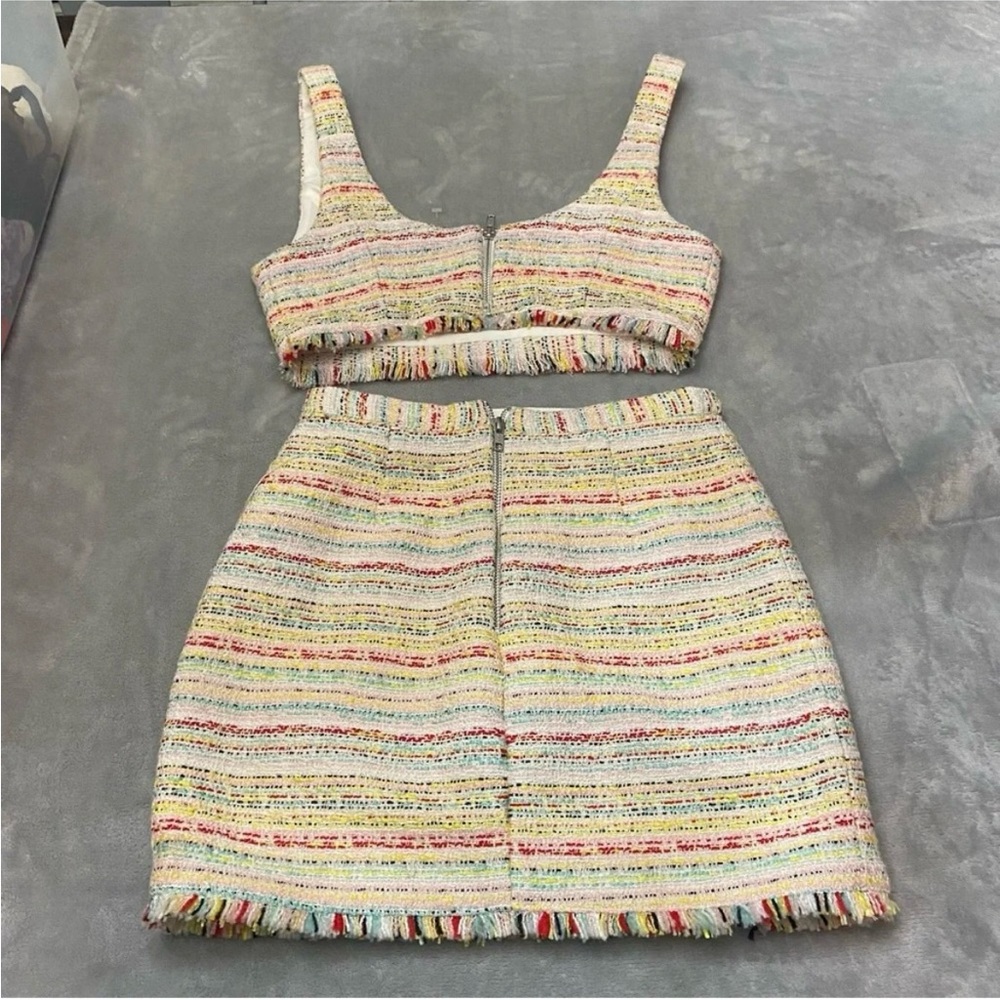 NBD Shawna Tweed Pastel Crop Top & Mini Skirt Set S | Fringe Hem 2-Piece Outfit - Picture 3 of 10